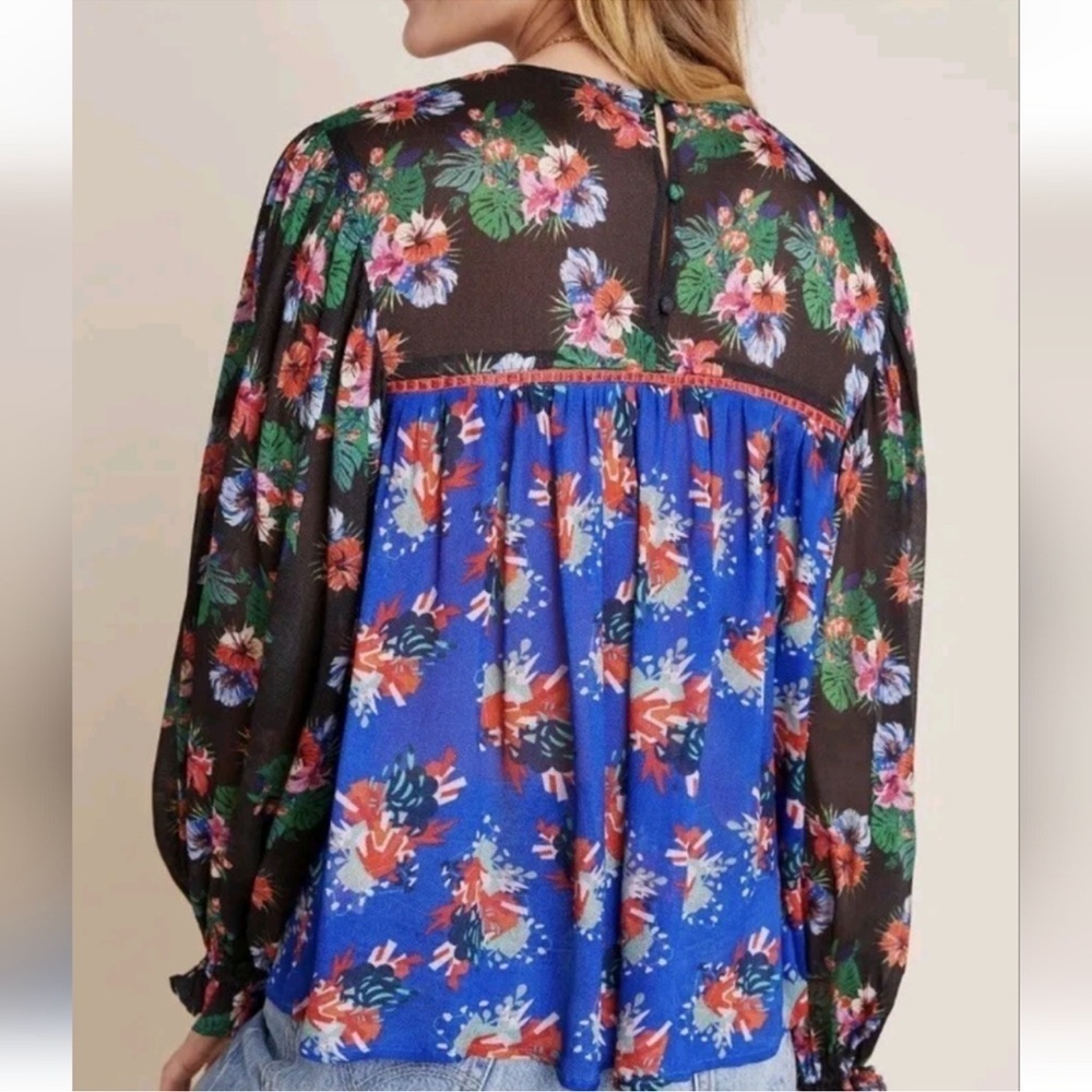 Anthropologie Bl^nk London Miranda Peasant Blouse Floral Eclectic Sz XSmall Blue - Picture 3 of 10